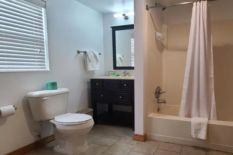 A bathroom with a black vanity, a toilet and a tub-and-shower combination with a striped curtain