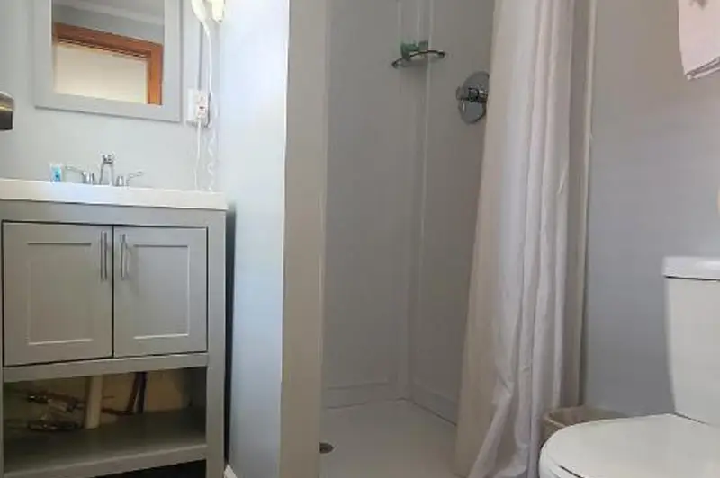 A step-in shower and a white vanity in a bathroom with a mirror