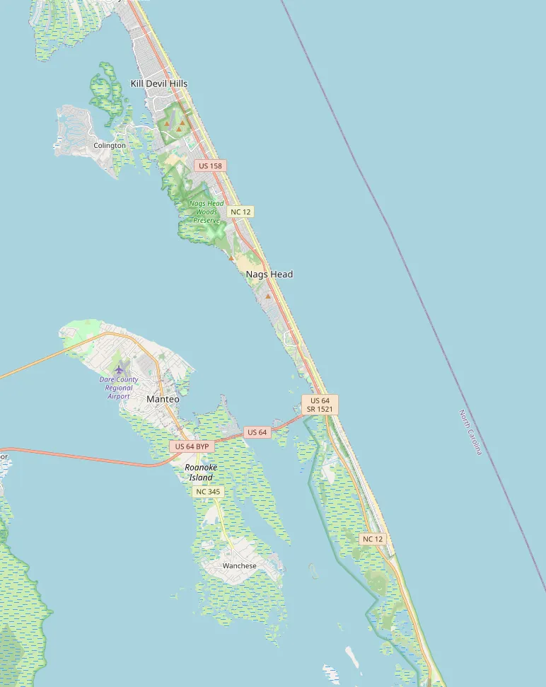 Map of the hotel and selected nearby places: Driftin Sands Motel; Wright Brothers National Memorial, Jockey’s Ridge State Park, Jennette’s Pier, Bodie Island Lighthouse